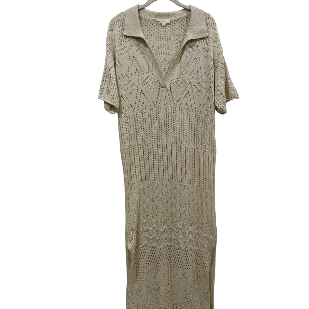 Roller Rabbit Ivory Cotton Pointelle Knit Polo Maxi‎ Dress Cream Short Sleeve M